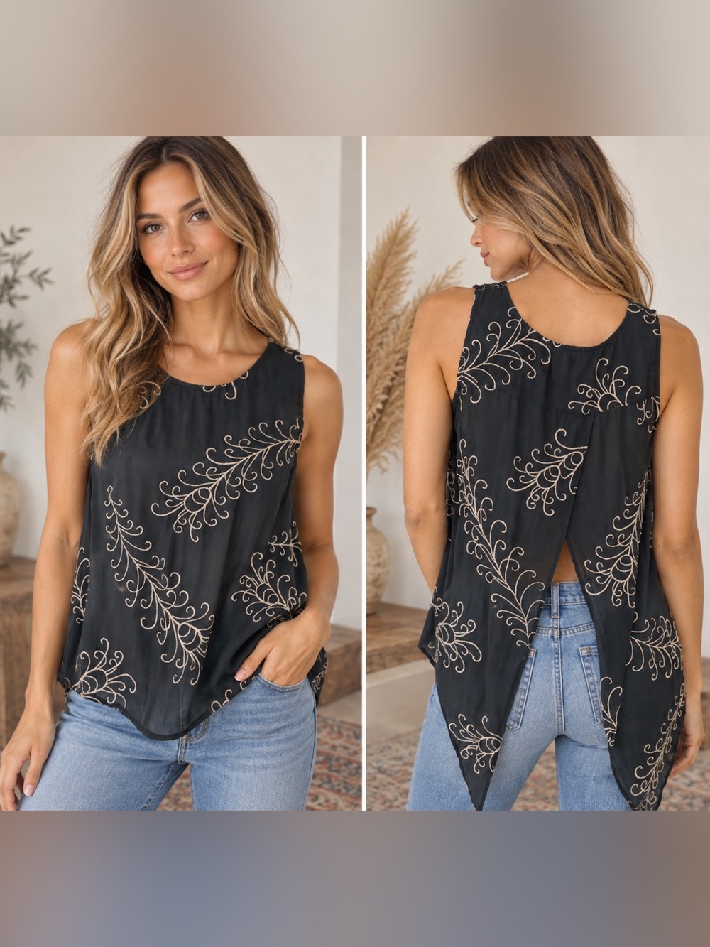 100% Silk Dark Gray Embroidered Women's Tank Top.‎